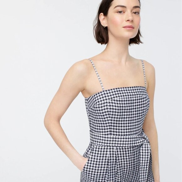 NWT J.Crew Tie-waist Linen Jumpsuit in Navy White Gingham Belted 1-Piece 4 - Picture 3 of 14